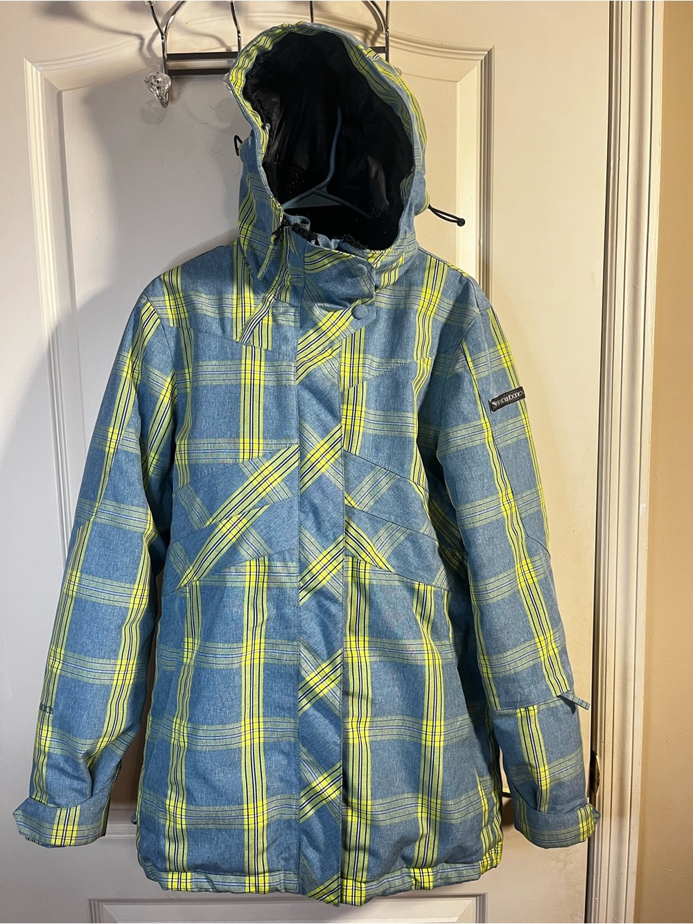 Women's Blue Plaid Ski Jacket with Neon Yellow Accents w/ Pants